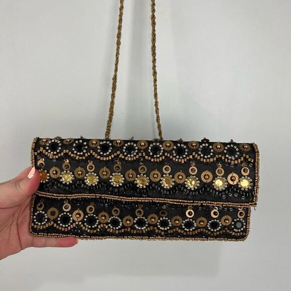Expressions NYC Beaded Black & Gold Long Shoulder Purse - Picture 1 of 5